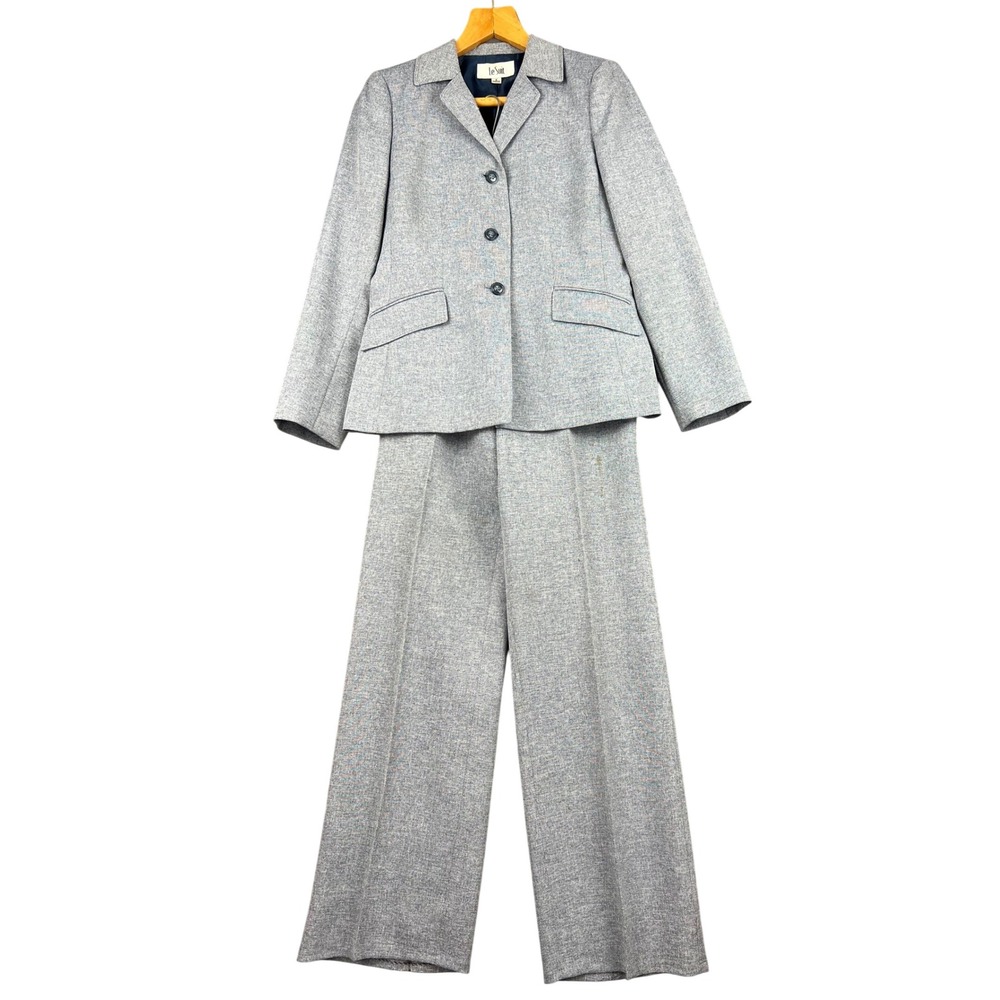 Le Suit Pant Suit Womens 6 Blue Heathered 3-Button Blazer Wide Leg Trousers Good